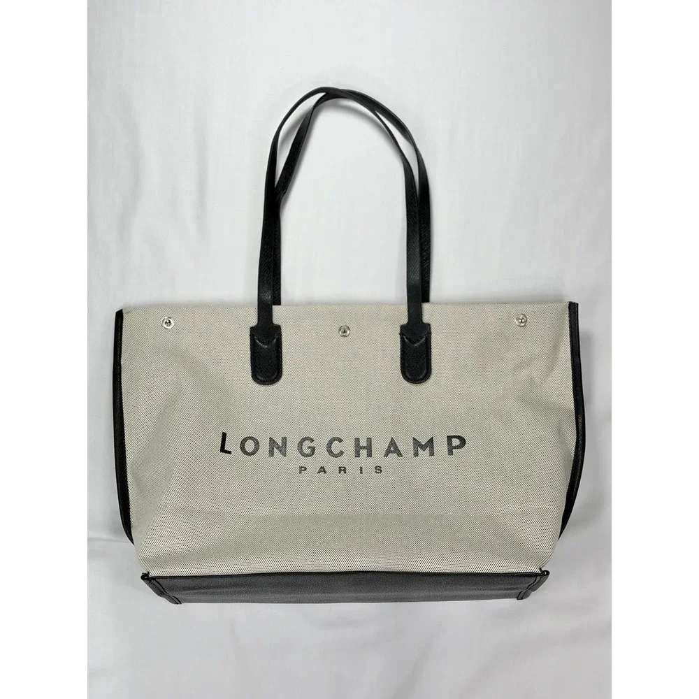 Longchamp Essential Toile Tote Bag Off-White Canvas Black Leather Trim France